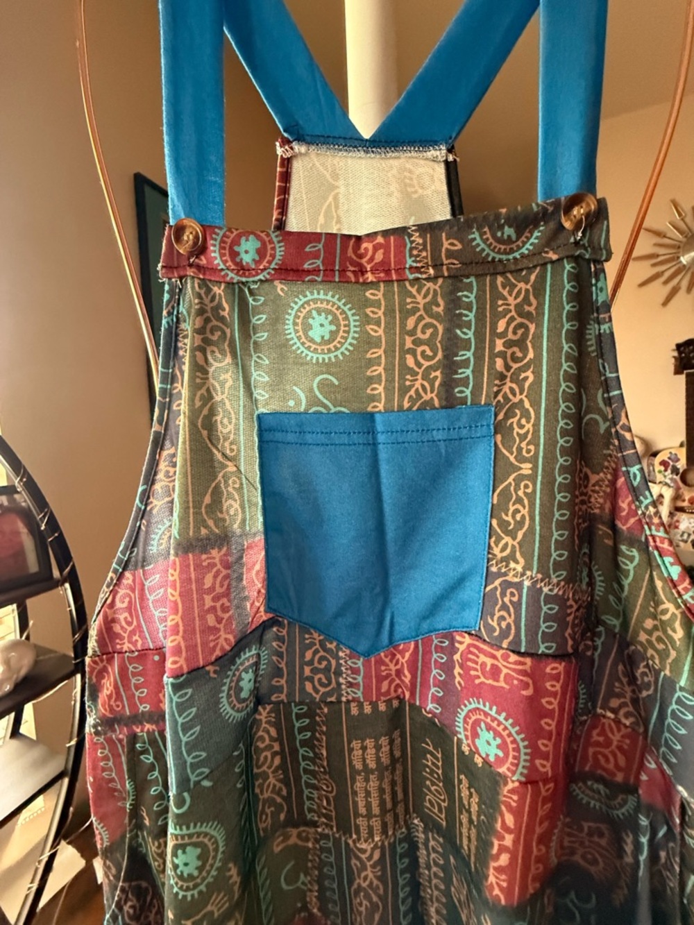Bohemian Patchwork Wide-Leg Overalls - Teal & Coral - Picture 2 of 4